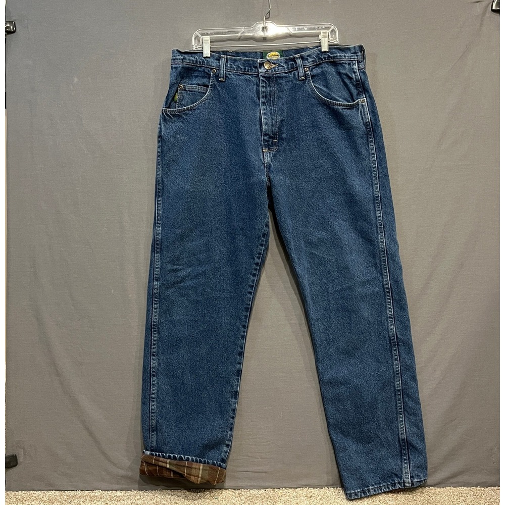 Cabelas Flannel Lined Jeans Mens 36x32 Blue Plaid Lined Denim Pants